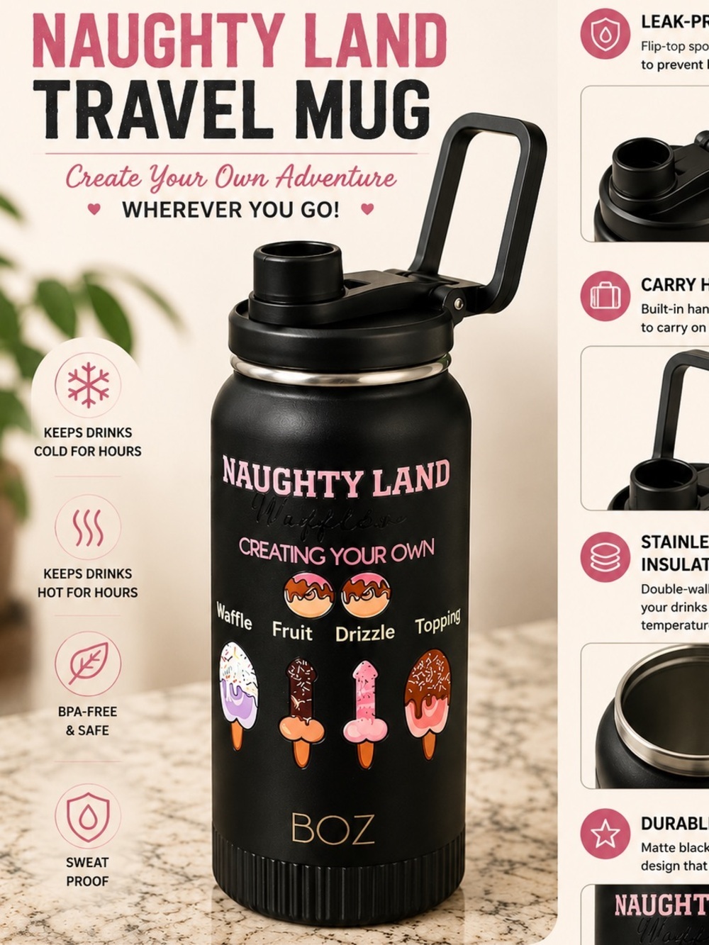Hand Crafted Naughty Land Travel Mug - Black with Pink Accents USED